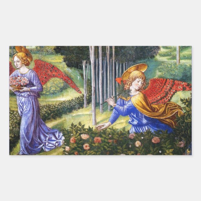 Angel Gathering Flowers in a Heavenly Landscape Rectangular Sticker (Front)