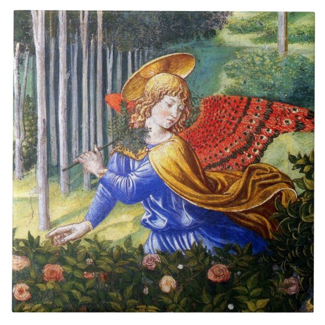 Angel Gathering Flowers in a Heavenly Landscape Tile (Front)