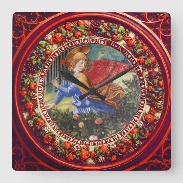 Angel Gathering Flowers Red Floral Crown Christmas Square Wall Clock (Front)