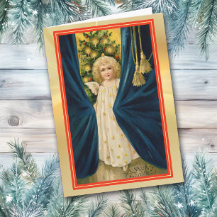 Angel Girl Blue Drapes Vintage Christmas Card