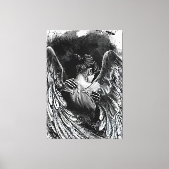 Angel Girl Canvas Print - Black and White Painting (Front)