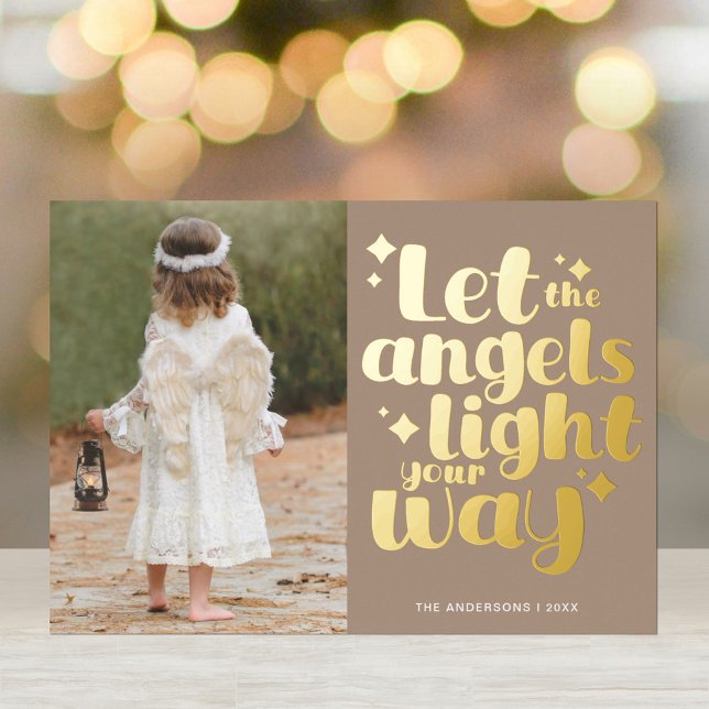 Angel Girl Christmas White Pastel Gold Typography Foil Holiday Card (Creator Uploaded)