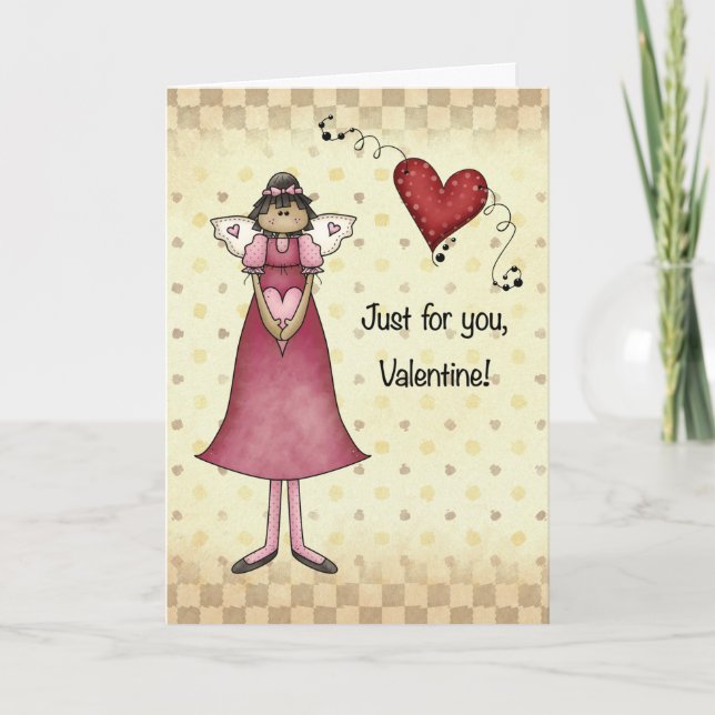 Angel Girl with Heart Country Folk Valentine Card (Front)