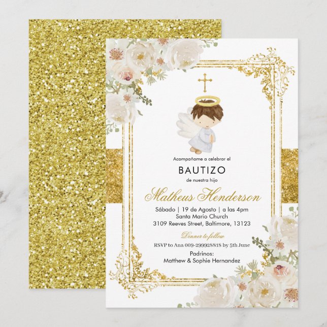 Angel Gold Bautizo Invitation (Front/Back)
