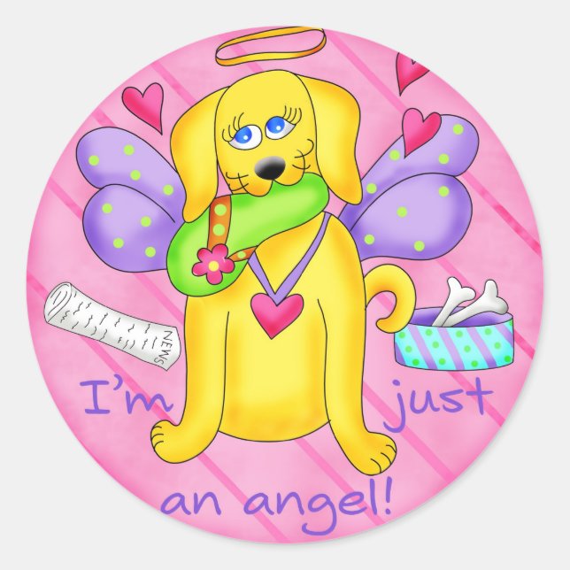 Angel Golden Yellow Dog with Shoe Classic Round Sticker (Front)