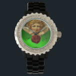 ANGEL HEART WAX SEAL,GREEN EMERALD GEM MONOGRAM WATCH<br><div class="desc">Elegant , classic and classy design with a romantic winged cupid, red wax seal, heart and arrow with 3D pink gem stones,  suitable for Valentine's Day,  romantic engagements, weddings, Christmas holidays .</div>
