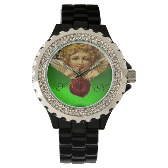 ANGEL HEART WAX SEAL,GREEN EMERALD GEM MONOGRAM WATCH (Front)