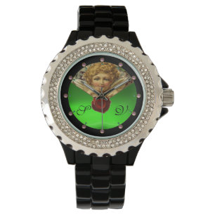 ANGEL HEART WAX SEAL,GREEN EMERALD GEM MONOGRAM WATCH