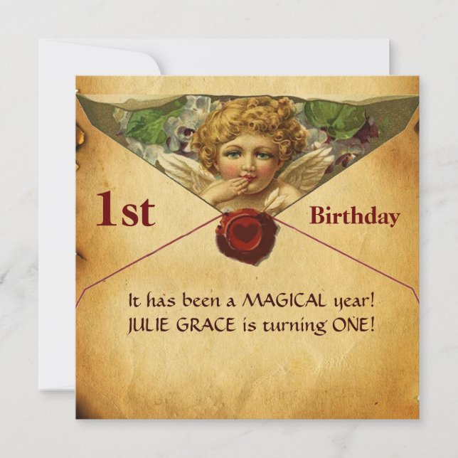 ANGEL HEART WAX SEAL PARCHMENT First Birthday Invitation (Front)