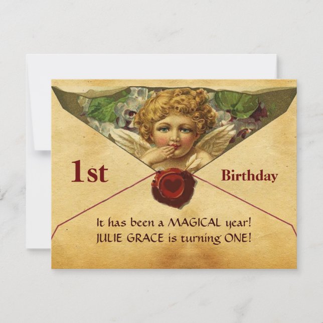 ANGEL HEART WAX SEAL PARCHMENT First Birthday Invitation (Front)
