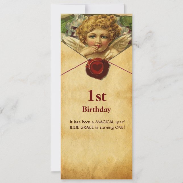 ANGEL HEART WAX SEAL PARCHMENT First Birthday Invitation (Front)