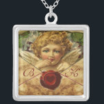ANGEL HEART WAX SEAL PARCHMENT MONOGRAM SILVER PLATED NECKLACE<br><div class="desc">Elegant , classic and classy design with a romantic winged cupid, red wax seal, heart and arrow on an antique brown parchment  suitable for romantic engagements, weddings, christmas, holidays, family or professional use.</div>