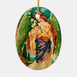Angel holding a floral branch ceramic tree decoration