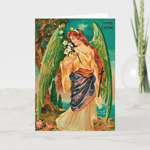 Angel holding a floral branch holiday card