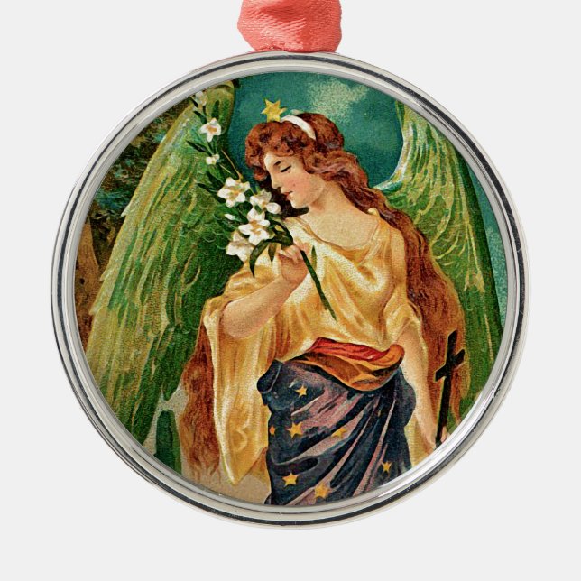 Angel holding a floral branch metal tree decoration (Front)