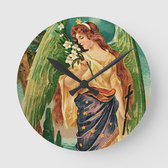 Angel holding a floral branch round clock (Front)