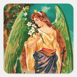 Angel holding a floral branch square sticker