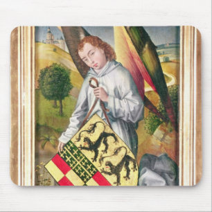 Angel holding a shield with two leopards mouse mat