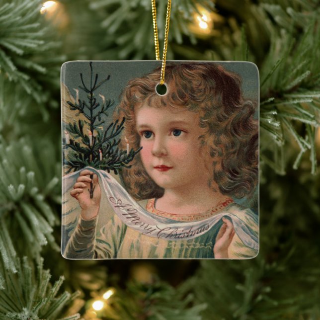 Angel Holding a Tiny Candlelit Christmas Tree  Ceramic Ornament (Tree)