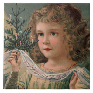 Angel Holding a Tiny Candlelit Christmas Tree Tile