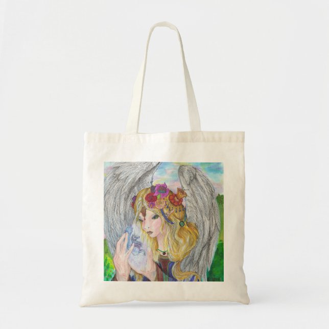 Angel holding a unicorn tote bag (Front)