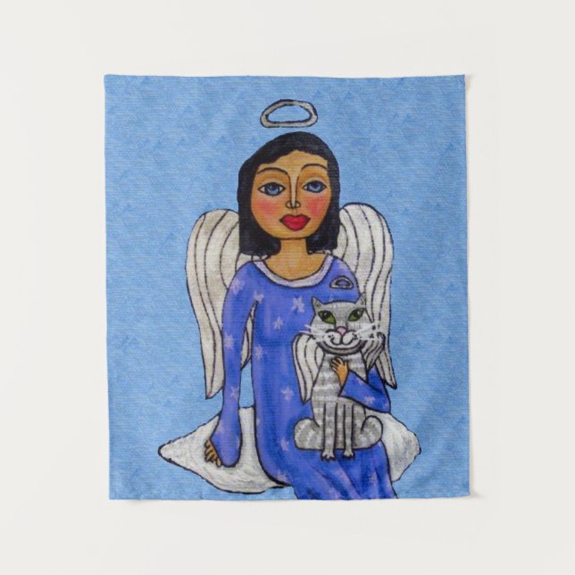 Angel Holding Cat on Cloud Silver Halos Light Blue Tapestry (Front)