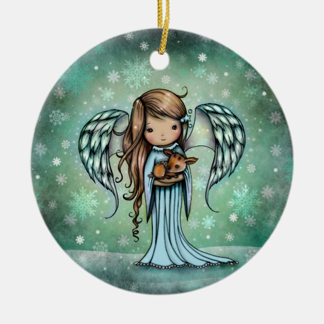 Angel holding Fawn Illustrated Art Ceramic Tree Decoration (Front)