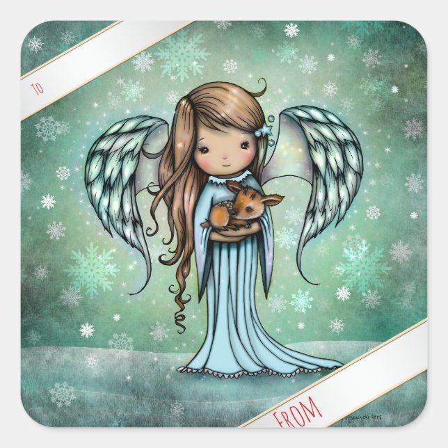Angel holding Fawn Illustrated Art Square Sticker (Front)