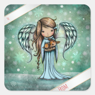 Angel holding Fawn Illustrated Art Square Sticker