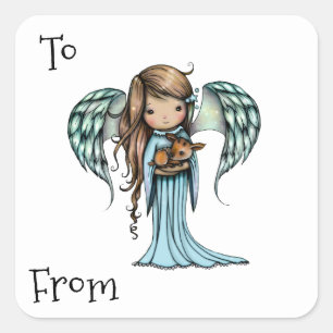 Angel holding Fawn Illustrated Art Square Sticker
