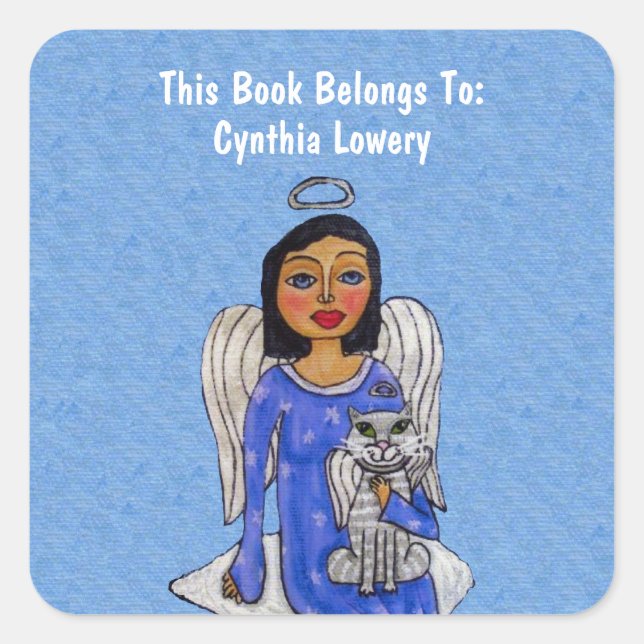 Angel Holding White Cat Angel Blue Dress Cloud Square Sticker (Front)