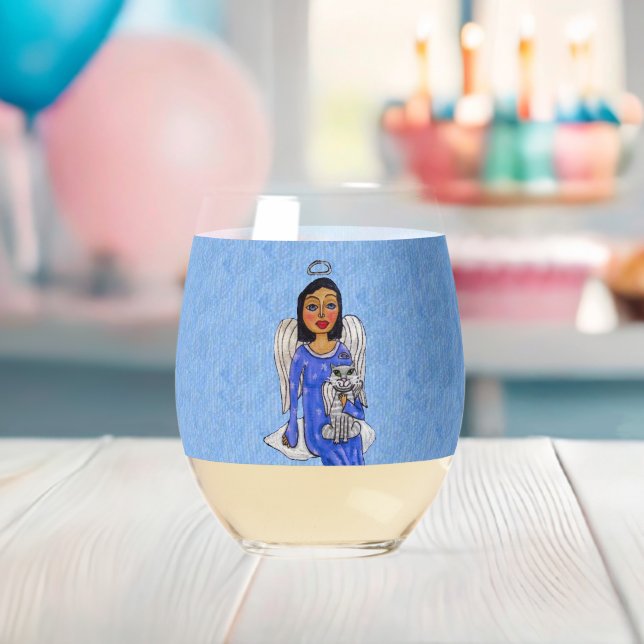 Angel Holding White Cat on Cloud Sky blue Stemless Wine Glass (Insitu (Baby Shower))