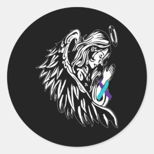 Angel Holds Teal Purple Ribbon Suicide Prevention Classic Round Sticker