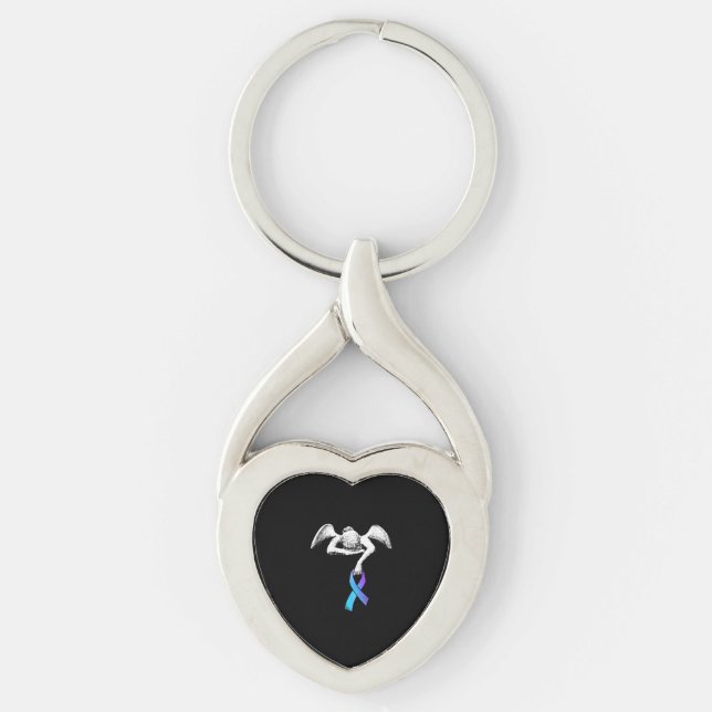 Angel Holds Teal Purple Ribbon Suicide Prevention Key Ring (Front)
