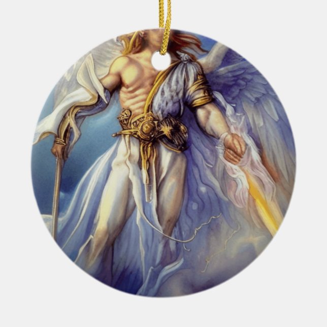 Angel In Blue Carrying A Sword Ceramic Tree Decoration (Front)