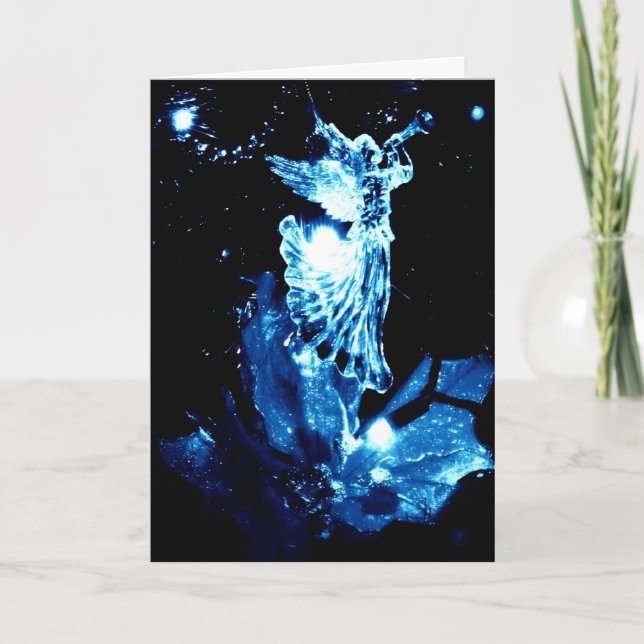Angel in blue on black Christmas card (Front)