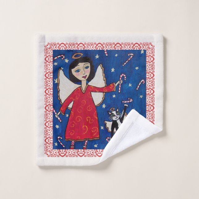 Angel in Red Dress With Angel Cat sky Candy Canes Wash Cloth (Wash Cloth)