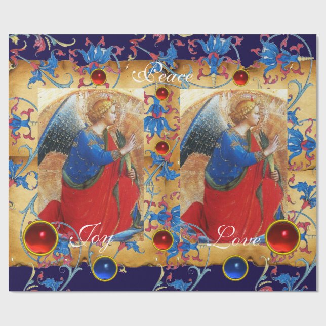 ANGEL IN RED,GOLD,BLUE FLORAL PARCHMENT WITH GEMS WRAPPING PAPER (Flat)