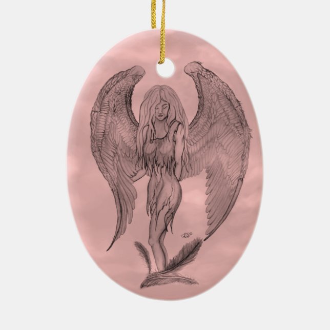 Angel in Tattoo Style Ceramic Tree Decoration (Back)