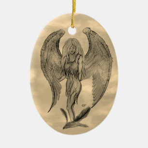 Angel in Tattoo Style Ceramic Tree Decoration