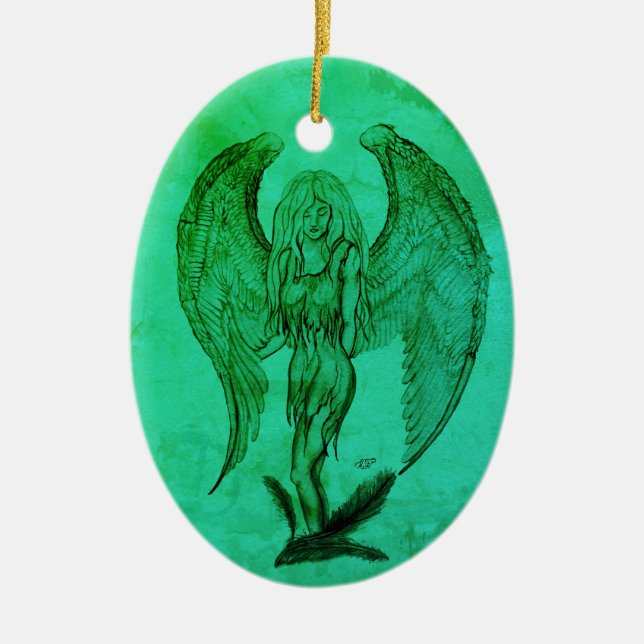 Angel in Tattoo Style Ceramic Tree Decoration (Front)