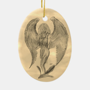 Angel in Tattoo Style Ceramic Tree Decoration