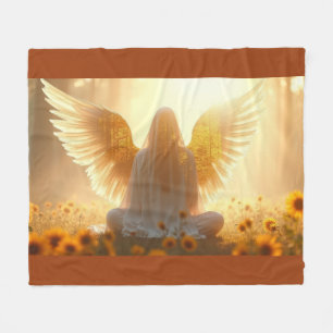 Angel in the sunflowers at sunset fleece blanket
