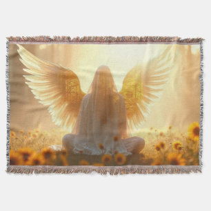 Angel in the sunflowers at sunset throw blanket