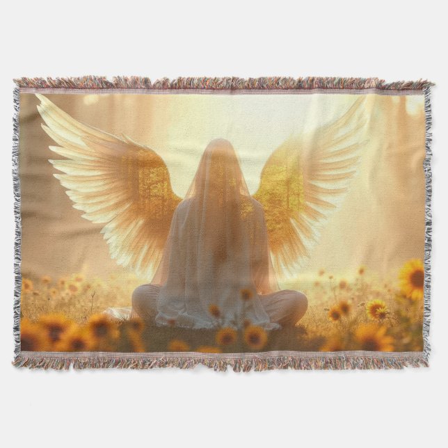 Angel in the sunflowers at sunset throw blanket (Front)