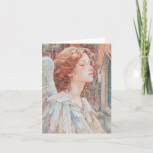 Angel in  watercolors of beige, blue, and orange. card
