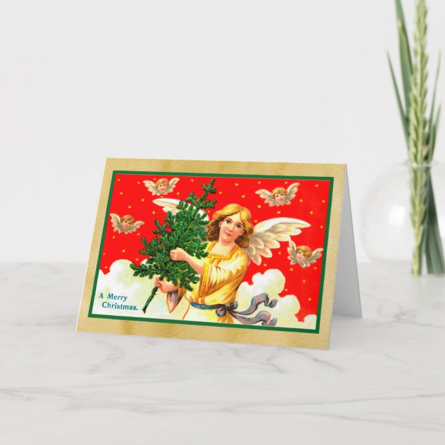 Angel in Yellow Carrying Xmas Tree  Card (Front)