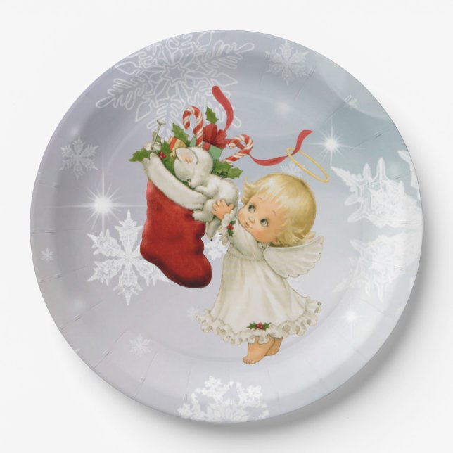 Angel & Kitty Cat Christmas Cute Paper Plates (Front)