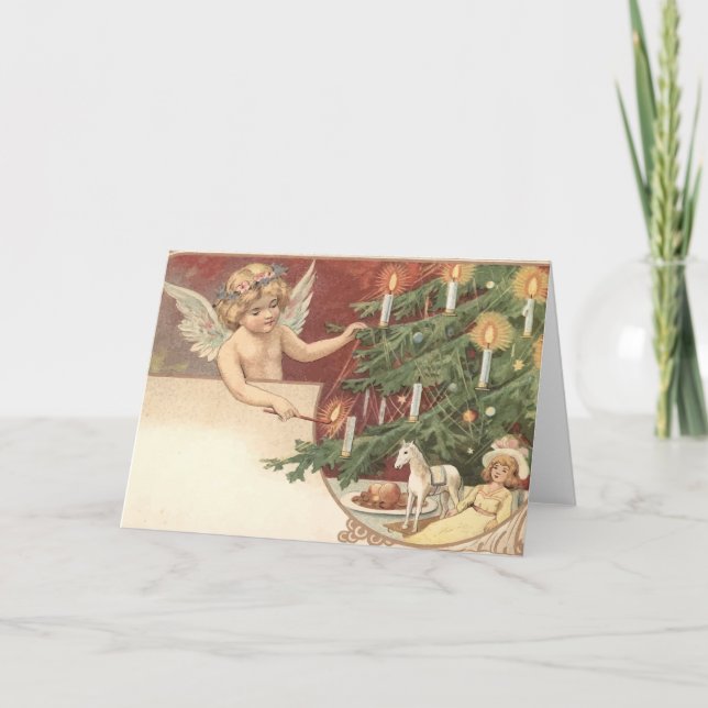 Angel lighting the Christmas Candles Vintage Card (Front)
