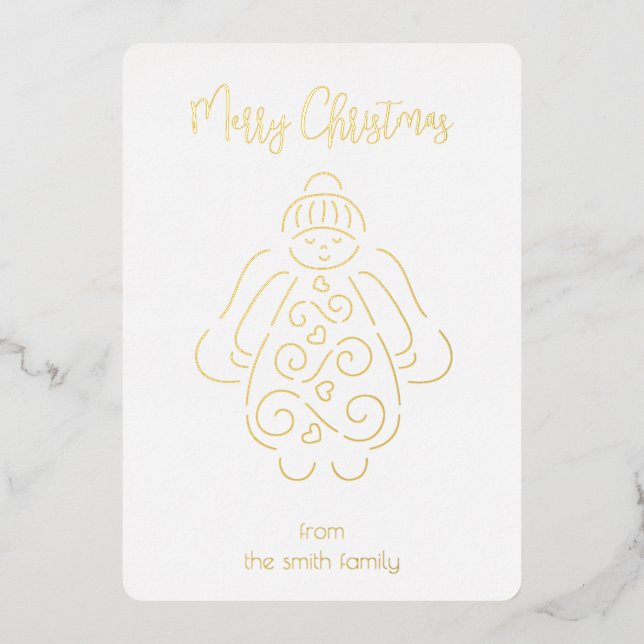 Angel line art Merry Christmas Foil Holiday Card (Front)